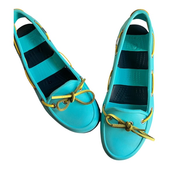 CROCS Shoes - Crocs Women's Shoes Sz 8 Turquoise Blue Yellow Boat Shoes Slip On Comfort